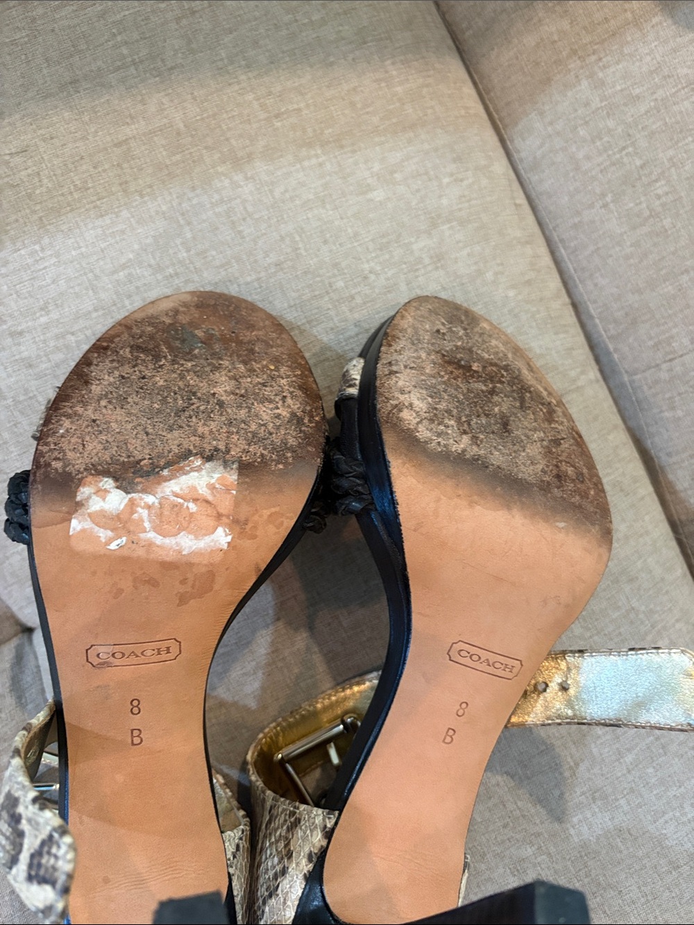 Coach Women's Snake-Print Ankle Strap Sandals in Neutral/Black 4 inch heel - Picture 3 of 3